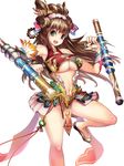  1girl breasts brown_hair green_eyes large_breasts loin_cloth long_hair midriff navel original revealing_clothes suoni_(deeperocean) tonfa underboob underboob_cutout weapon white_background 