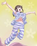  armpit_peek barefoot brown_eyes brown_hair green_background haruyama_kazunori jumping katayama_minami navel open_mouth outstretched_arms pajamas panties short_hair solo striped striped_pajamas striped_panties underwear wake_up_girls! 