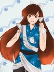  1girl absurdres artist_request bandolier bow brown_hair grin japanese_clothes kimono kuonji_ukyou long_hair looking_at_viewer open_mouth pantyhose ranma_1/2 sash smile spatula very_long_hair yellow_eyes 
