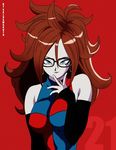  1girl android_21 blue_eyes brown_hair dragon_ball dragon_ball_fighterz dragon_ball_super glasses salvamakoto solo tongue 