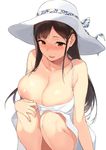  bare_shoulders blush breasts brown_eyes brown_hair cleavage collarbone commentary_request dress hand_on_own_knee hat large_breasts long_hair nipple_slip nipples nose_blush open_mouth original sasamori_tomoe smile solo spaghetti_strap squatting sun_hat sundress sweat white_dress 