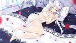  ass azur_lane bangs bare_arms bare_shoulders bed bed_sheet blue_eyes blunt_bangs blush breasts cleavage closed_mouth collarbone dress eyebrows_visible_through_hair foreshortening full_body highres illustrious_(azur_lane) large_breasts legs long_hair looking_at_viewer low_twintails maya_g motion_blur navel no_shoes on_bed one_eye_closed pantyhose petals pillow see-through sheer_legwear silver_hair solo strapless strapless_dress tareme thighs twintails waking_up wavy_mouth white_dress window 