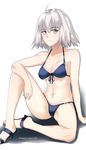 abs ahoge arm_support bikini blue_bikini blush breasts cleavage earrings eyebrows_visible_through_hair fate/grand_order fate_(series) front-tie_top grey_hair groin groin_tendon hair_between_eyes high_heels highres jeanne_d'arc_(alter)_(fate) jeanne_d'arc_(fate)_(all) jewelry komodai medium_breasts navel sandals shadow short_hair solo sweatdrop swimsuit twitter_username white_background yellow_eyes 