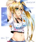  arms_behind_head bangs black_shirt blonde_hair blue_ribbon bracelet breasts clothes_writing crop_top eyebrows_visible_through_hair green_eyes hair_ribbon heterochromia jewelry layered_clothing long_hair looking_at_viewer lyrical_nanoha mahou_shoujo_lyrical_nanoha_vivid medium_breasts midriff navel necklace older paint_splatter parted_lips red_eyes ribbon san-pon shirt side_ponytail solo standing tank_top twitter_username upper_body vivio white_shirt 