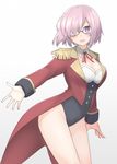  :d alternate_costume arm_at_side bad_id bad_pixiv_id bare_legs black-framed_eyewear black_leotard blush breasts bright_pupils cleavage coattails cowboy_shot detached_collar epaulettes fate/grand_order fate_(series) glasses gradient gradient_background hair_over_one_eye jacket leaning_forward leg_up leotard long_sleeves looking_at_viewer mash_kyrielight medium_breasts mobu open_clothes open_jacket open_mouth outstretched_arm pink_hair purple_eyes reaching_out red_jacket red_ribbon ribbon short_hair smile solo spread_fingers standing tareme thighs white_background 