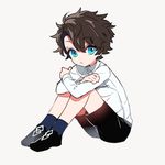  black_footwear black_shorts blue_eyes blue_legwear brown_hair child closed_mouth collared_shirt eyebrows_visible_through_hair fate/grand_order fate_(series) from_side fujimaru_ritsuka_(male) full_body grey_background leg_hug legs_together long_sleeves looking_at_viewer male_focus shirt shoes shorts simple_background sitting socks solo tenobe white_shirt younger 