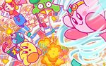  backwards_hat baseball_cap bomb bow bowtie commentary_request copy_ability explosion fireworks hat headphones jitome kirby kirby:_battle_royale kirby_(series) notepad official_art polearm red_neckwear sign spear stadium tornado umbrella waddle_dee weapon 