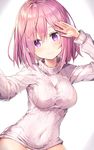  absurdres aran_sweater arm_up bangs blurry blush breasts closed_mouth commentary_request covered_navel depth_of_field eyebrows_visible_through_hair fate/grand_order fate_(series) hair_between_eyes highres light_smile long_sleeves looking_at_viewer mash_kyrielight medium_breasts no_panties out-of-frame_censoring pink_hair purple_eyes reaching_out ribbed_sweater rin_yuu self_shot shiny shiny_hair sidelocks smile solo sweater turtleneck turtleneck_sweater upper_body white_background white_sweater 