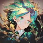  androgynous bangs closed_mouth commentary cowlick eyebrows_visible_through_hair gem_uniform_(houseki_no_kuni) golden_arms green_eyes green_hair houseki_no_kuni jofang looking_to_the_side necktie phosphophyllite short_hair solo 