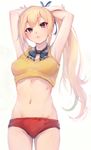  :&lt; armpits arms_behind_head arms_up bangs bare_shoulders bismarcho black_bow black_neckwear blonde_hair blush bow bowtie breasts buruma cameltoe closed_mouth cowboy_shot crop_top eyebrows_visible_through_hair hair_ribbon highres kawakami_mai long_hair looking_at_viewer medium_breasts mole mole_under_eye musaigen_no_phantom_world navel purple_eyes ribbon side_ponytail sidelocks simple_background sleeveless solo standing stomach white_background 