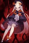  abigail_williams_(fate/grand_order) artist_name bangs black_bow black_dress black_footwear black_hat blonde_hair bloomers blue_eyes bow bug butterfly commentary_request dress fate/grand_order fate_(series) hair_bow hat highres insect long_hair long_sleeves looking_at_viewer noose object_hug orange_bow parted_bangs polka_dot polka_dot_bow red_background shoes signature sleeves_past_fingers sleeves_past_wrists solo stuffed_animal stuffed_toy teddy_bear underwear usuke_(u_skeeep) very_long_hair white_bloomers 