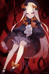  abigail_williams_(fate/grand_order) artist_name bangs black_bow black_dress black_footwear black_hat blonde_hair bloomers bow bug butterfly dress fate/grand_order fate_(series) glowing glowing_eyes hair_bow hat highres insect long_hair long_sleeves looking_at_viewer noose object_hug orange_bow parted_bangs polka_dot polka_dot_bow purple_eyes red_background roman_numerals shoes signature sleeves_past_fingers sleeves_past_wrists solo stuffed_animal stuffed_toy teddy_bear underwear usuke_(u_skeeep) very_long_hair white_bloomers 