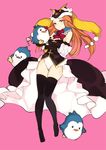  bare_shoulders bird black_dress black_legwear brown_hair dress elbow_gloves full_body gloves hat knees_together_feet_apart leotard long_hair looking_at_viewer lpip mawaru_penguindrum neckerchief no_shoes open_clothes open_dress penguin penguin_1-gou penguin_2-gou penguin_3-gou pink_background princess_of_the_crystal purple_eyes red_neckwear simple_background thighhighs white_leotard 