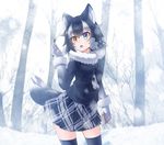  animal_ears between_breasts black_hair black_legwear blue_eyes blush breast_pocket breasts contrapposto day fang forest fur_collar gloves grey_wolf_(kemono_friends) heterochromia highres holding holding_pencil kakutasu_(akihiron_cactus) kemono_friends large_breasts long_sleeves multicolored_hair nature necktie necktie_between_breasts open_mouth orange_eyes outdoors pencil plaid plaid_skirt pocket skirt snow snowing solo standing tail thighhighs white_gloves white_hair wolf_ears wolf_girl wolf_tail 