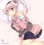  bare_shoulders beret black_serafuku black_skirt blue_hair dated flower gradient_hair hair_flaps hair_flower hair_ornament harusame_(kantai_collection) hat hirune_(konekonelkk) jacket kantai_collection lying multicolored_hair on_side pillow pink_hair pink_jacket pleated_skirt red_eyes school_uniform serafuku side_ponytail skirt solo twitter_username 