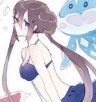  1boy 1girl bikini bikini_skirt blue_bikini blue_eyes breasts brown_hair bubbles cleavage double_bun eyebrows_visible_through_hair from_side half-closed_eyes jellicent jellyfish long_hair looking_at_viewer looking_to_the_side medium_breasts mei_(pokemon) miri_yama pokemon pokemon_(creature) pokemon_bw pokemon_bw2 red_eyes simple_background swimsuit tied_hair twintails underwater white_background 