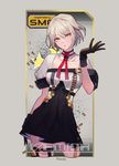  bangs black_gloves black_skirt bullet character_name commentary contrapposto cropped_legs girls_frontline gloves hair_between_eyes hand_up high-waist_skirt highres holster looking_at_viewer md5_mismatch orange_eyes parted_lips shiny shiny_hair shirt short_sleeves sidelocks silver_hair skirt sobi_(dnenqkswja) solo standing thigh_holster twitter_username vector_(girls_frontline) white_shirt 