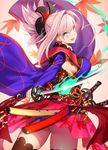  ahoge ass black_legwear blue_eyes bright_pupils cowboy_shot detached_sleeves earrings eyebrows_visible_through_hair fate/grand_order fate_(series) fire from_behind hair_intakes hair_ornament japanese_clothes jewelry katana leaf long_sleeves looking_back maple_leaf miyamoto_musashi_(fate/grand_order) obi open_mouth pink_hair ponytail sash sidelocks simple_background skirt smile solo sword thighhighs weapon wide_sleeves yangsion 