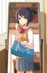  bag black_hair blurry bow bowtie brown_eyes depth_of_field female_pov hair_ribbon highres kent kimi_no_na_wa light_smile looking_at_viewer mirror miyamizu_mitsuha playing_with_own_hair pov reflection ribbon school_bag school_uniform skirt solo sweat sweater 