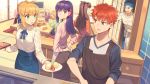  2boys 6+girls ahoge apron artoria_pendragon_(all) bag bianyuanqishi black_hair blonde_hair blue_hair casual emiya_shirou fate/stay_night fate_(series) food fujimura_taiga green_eyes hair_ribbon highres illyasviel_von_einzbern lancer long_hair looking_at_another matou_sakura multiple_boys multiple_girls neck_ribbon open_mouth plate purple_hair red_eyes red_hair ribbon rider saber shopping_bag short_hair silver_hair smile tohsaka_rin v-neck 