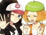  2girls bare_shoulders bel_(pokemon) beret black_hair black_vest blonde_hair blue_eyes blush collarbone double_v eyebrows_visible_through_hair eyes_closed female green_hat hand_up hands_up happy hat long_hair looking_at_viewer miri_yama multiple_girls one_eye_closed open_mouth orange_vest poke_ball_print poke_ball_theme pokemon pokemon_(game) pokemon_bw ponytail shirt short_hair simple_background sleeveless sleeveless_shirt smile teeth tied_hair touko_(pokemon) upper_body v vest waving white_background white_hat white_shirt wristband 