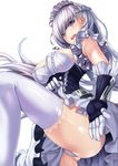 :d ass azur_lane belfast_(azur_lane) blue_eyes blush breasts chain dress from_below gloves hasaya highres large_breasts long_hair looking_at_viewer open_mouth panties silver_hair simple_background smile solo teeth thighhighs thighs underwear white_background white_legwear white_panties 