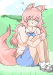 2019 ? anthro blush bow_tie canid canine castagna clothed clothing female fluffy fluffy_tail fur fur_(theterm) hair hi_res looking_at_viewer mammal outside pink_fur pink_hair sitting skirt solo yellow_eyes 