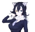  :3 animal_ears black_hair blue_eyes breast_pocket commentary_request eyebrows_visible_through_hair finger_to_mouth fur_collar grey_wolf_(kemono_friends) hair_between_eyes heterochromia highres kemono_friends long_hair looking_at_viewer multicolored_hair nekomata_kyou pocket simple_background smile solo streaked_hair two-tone_hair upper_body white_background white_hair wolf_ears wolf_girl yellow_eyes 