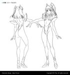  1girl 2011 artist_name ass bare_legs bare_shoulders character_sheet dated female flat_chest full_body futaba_lili_ramses leotard lilith-soft lineart long_hair looking_at_viewer magical_girl monochrome official_art simple_background smile solo standing tentacle_and_witches thong_leotard twintails white_background 