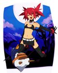  bare_shoulders belt black_gloves bracelet breasts choker commentary_request demon_tail disgaea etna flat_chest gloves highres jewelry looking_at_viewer makai_senki_disgaea matsuda_toki navel pointy_ears prinny red_eyes red_hair simple_background skirt tail thighhighs twintails wings 