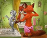  2019 brushing_teeth canid canine clothed clothing disney female fox judy_hopps male mammal mirror mrluca nick_wilde nude pinch shower showering toilet topless towel wet zootopia 