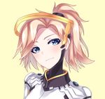  absurdres artist_name blonde_hair blue_eyes closed_mouth commentary english_commentary eyebrows_visible_through_hair facial_mark faulds hair_tie helen_phan high_ponytail highres looking_at_viewer mechanical_halo mercy_(overwatch) overwatch portrait short_hair signature simple_background smile solo yellow_background 
