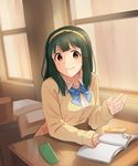  blush breasts brown_eyes cellphone chair classroom closed_mouth desk eyebrows_visible_through_hair flip_phone green_hair idolmaster idolmaster_(classic) indoors kamille_(vcx68) large_breasts looking_at_viewer mole mole_under_mouth notebook otonashi_kotori pencil_case phone school_desk sitting smile solo upper_body younger 