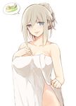  breasts hair_up hand_on_own_chest highres large_breasts lexington_(zhan_jian_shao_nyu) naked_towel out-of-frame_censoring parted_lips platinum_blonde_hair silver_hair simple_background smile solo speech_bubble towel white_background wrench xiao_shei.. zhan_jian_shao_nyu 