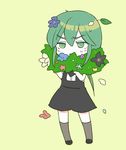  androgynous chibi flower full_body gem_uniform_(houseki_no_kuni) green_background green_eyes houseki_no_kuni jade_(houseki_no_kuni) kneehighs long_hair matayoshi_kirika shorts sidelocks simple_background solo suspender_shorts suspenders uniform white_skin 