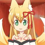  :d animal_ear_fluff animal_ears bangs bare_shoulders blonde_hair commentary_request eyebrows_visible_through_hair fox_ears fox_tail green_eyes hair_ornament highres japanese_clothes kemono_friends kitsune long_hair looking_at_viewer mon-musu_quest! monster_girl multiple_tails open_mouth parody ruinluin sidelocks slit_pupils smile solo style_parody tail tamamo_(mon-musu_quest!) tatsuki_(irodori)_(style) tattoo 