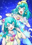  2girls :d blue blue_background blue_eyes blue_gloves blue_hair blue_neckwear choker cure_milky dual_persona earrings gloves hagoromo_lala hair_ornament hairband hairpods heart heart_hands jacket jewelry looking_at_viewer magical_girl multiple_girls necklace open_mouth pointy_ears precure puffy_sleeves see-through_sleeves short_hair single_glove smile star star_earrings star_hair_ornament star_in_eye star_twinkle_precure symbol_in_eye tsukikage_oyama yellow_hairband 