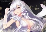  ahoge arm_up armpits artist_name azur_lane bangs black_background blue_eyes blush bouquet braid breasts bridal_veil center_opening cleavage dress elbow_gloves flower french_braid glint gloves go-it hair_flower hair_ornament hair_ribbon holding holding_bouquet illustrious_(azur_lane) large_breasts long_hair looking_at_viewer mole mole_under_eye ribbon rose sidelocks signature silver_hair sleeveless sleeveless_dress solo tareme tiara tied_hair tress_ribbon upper_body veil watermark web_address white_flower white_gloves white_rose 