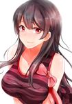  absurdres bare_arms bare_shoulders black_hair blush bow breasts closed_mouth collarbone commentary hair_between_eyes highres large_breasts leaning_forward long_hair looking_at_viewer original red_bow red_eyes smile solo upper_body yeyebirdie 