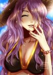 beach bikini breasts camilla_(fire_emblem_if) closed_eyes day fire_emblem fire_emblem_if hair_over_one_eye hat highres large_breasts long_hair looking_at_viewer outdoors purple_hair smile solo straw_hat swimsuit wavy_hair 