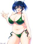  1girl aqua_eyes belly blue_hair blush breasts cleavage hair_ribbon kanikan kantai_collection large_breasts looking_at_viewer navel open_mouth plump short_hair smile solo souryuu_(kantai_collection) standing sweat swimsuit 