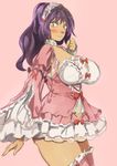  commentary_request dress looking_at_viewer maid_headdress pink_dress purple_hair red_eyes smile touhou yasaka_kanako yohane 