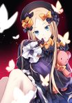  :o abigail_williams_(fate/grand_order) bangs black_bow black_dress black_hat blonde_hair blue_eyes bow bug butterfly commentary_request dress eyebrows_visible_through_hair fate/grand_order fate_(series) flywinga7 hair_bow hat head_tilt insect long_hair long_sleeves looking_at_viewer object_hug orange_bow parted_bangs parted_lips polka_dot polka_dot_bow sitting sleeves_past_wrists solo stuffed_animal stuffed_toy teddy_bear very_long_hair 