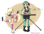  blonde_hair breasts cleavage cosplay green_hair highres hime_(splatoon) hime_(splatoon)_(cosplay) iida_(splatoon) iida_(splatoon)_(cosplay) kid_icarus kid_icarus_uprising microphone nachure nintendo palutena splatoon 