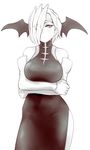  bare_shoulders boku_no_hero_academia breasts contrapposto crossed_arms detached_sleeves dragon_girl dress ear_piercing earrings greyscale head_wings jewelry large_breasts mask_over_one_eye monochrome piercing ryuukyuu short_hair shpo side_slit solo standing 