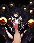  1girl ahoge bangs black_hair blush breasts cyclops extra_eyes footjob gazer_(monster_girl_encyclopedia) grin hetero long_hair looking_at_viewer monster_girl monster_girl_encyclopedia nude one-eyed penis pov pov_crotch precum red_eyes saliva saltsimulacrum sharp_teeth slime slit_pupils small_breasts smile tail teeth tentacles white_skin yellow_sclera 