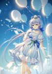  balloon bangs choker commentary confetti day dress earrings gloves green_eyes hair_between_eyes hand_to_own_mouth highres holding jewelry long_hair looking_at_viewer luo_tianyi silver_hair sky smile solo standing tidsean vocaloid vocanese white_dress white_gloves wind 