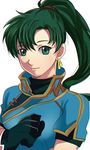  earrings fire_emblem fire_emblem:_rekka_no_ken green_eyes green_hair jewelry long_hair looking_at_viewer lyndis_(fire_emblem) ponytail rem_sora410 simple_background smile solo upper_body white_background 