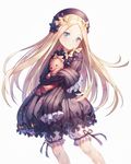  abigail_williams_(fate/grand_order) artist_name bangs black_bow black_dress black_hat blonde_hair bloomers blue_eyes bow bug butterfly closed_mouth dress embers eyebrows_visible_through_hair fate/grand_order fate_(series) hat insect long_hair long_sleeves looking_at_viewer object_hug orange_bow parted_bangs polka_dot polka_dot_bow roang simple_background sleeves_past_wrists solo stuffed_animal stuffed_toy teddy_bear underwear very_long_hair white_background white_bloomers 