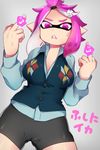  anger_vein bike_shorts cameltoe censored commentary_request domino_mask double_middle_finger hair_ornament highres inkling iriehana long_sleeves mask middle_finger novelty_censor pink_eyes pink_hair pointless_censoring pointy_ears shirt solo splatoon_(series) squid tentacle_hair vest 